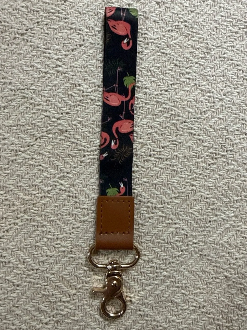 Flamingo Print Wristlet Keychain Strap - Black and Pink for phone